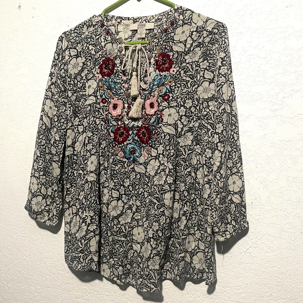 Vintage America Embroidered Boho Floral Print Top SZ S